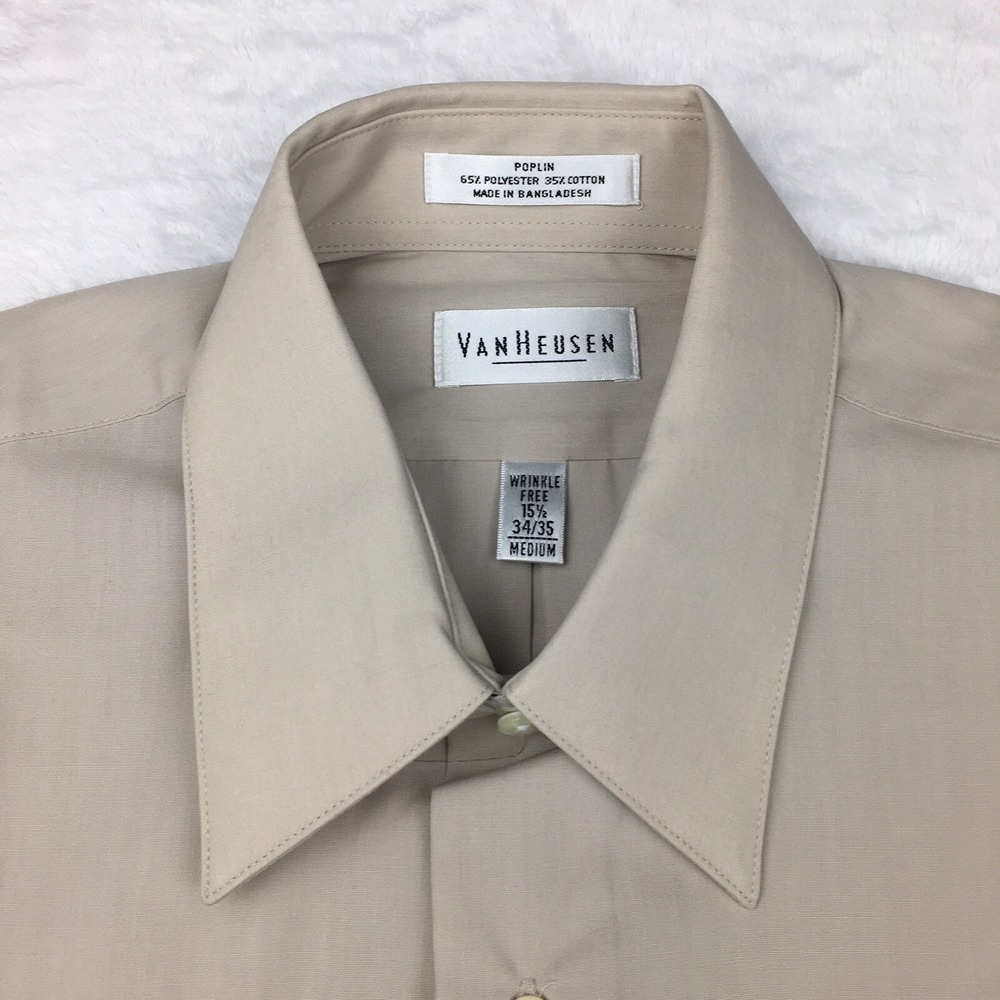 Van Heusen Dress‎ Shirt Men's M 15.5-34/35 Beige Regular Fit Wrinkle Free - Picture 3 of 9